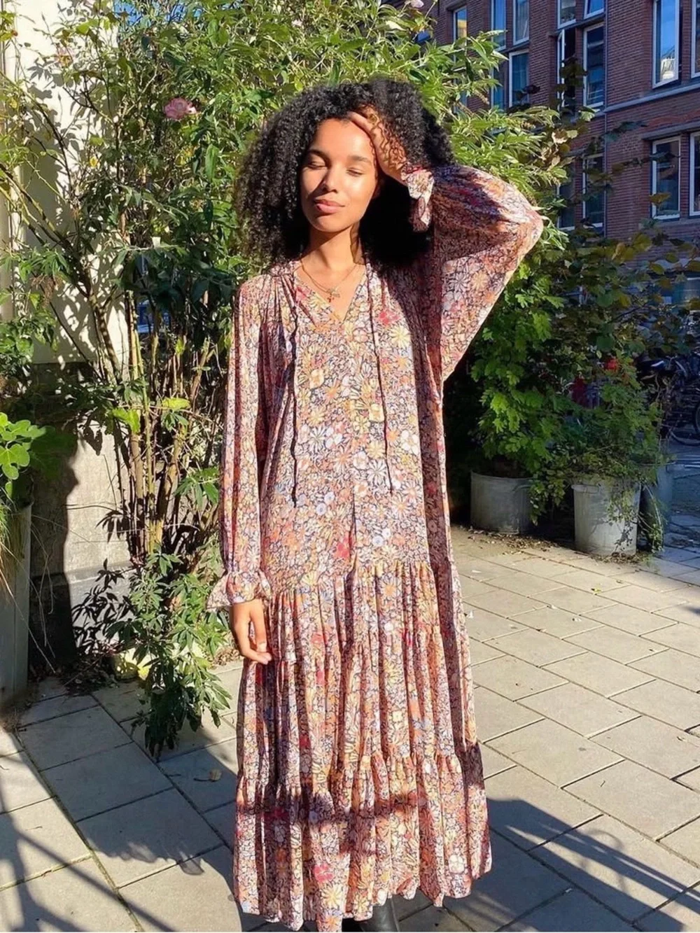 FREE PEOPLE Feeling Groovy Floral Colorful Long Sleeve Maxi Dress Size Small